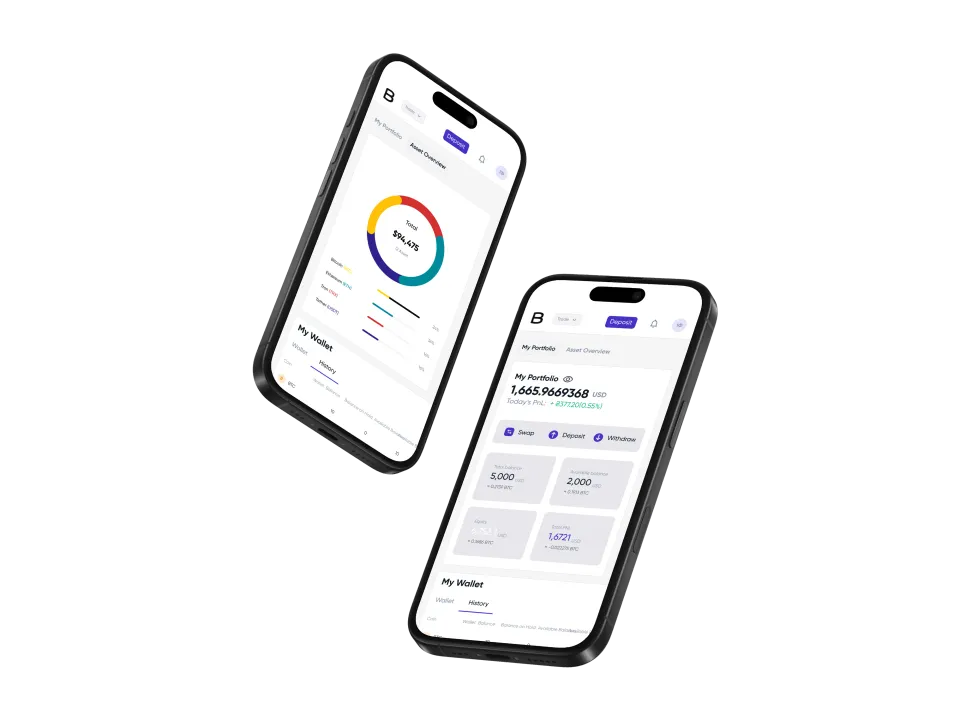 Two phones: one with the asset overview and its allocation ring, the other with the portfolio balance and the swap, deposit and withdraw buttons.